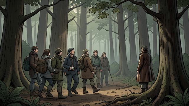 The Survivors Depart from "The Last of the Mohicans". A Parting in the Woods A divided company Heyward, Alice, Munro, David, and their companions leave the Delaware encampment.