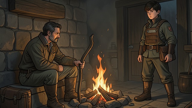 The Night Warning from "The Last of the Mohicans". A Father's Alertness Concealed danger Chingachgook sits beside the fire while Hawkeye and Heyward suspect an attacker nearby.