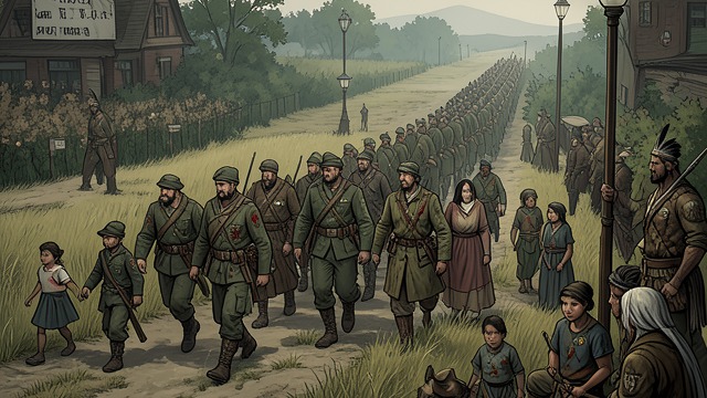 The Forced March from "The Last of the Mohicans". The Cost of Departure A strained column Sick and wounded soldiers lack enough transport, while women and children move in fear among the ranks.