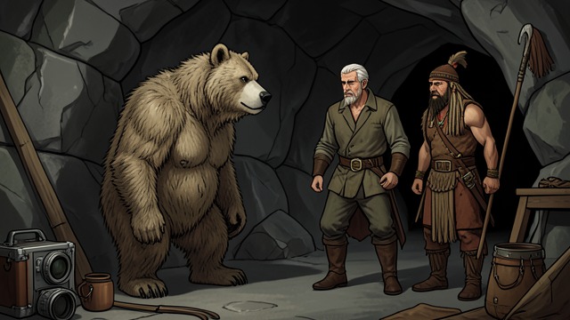 The Bear at the Cave from "The Last of the Mohicans". The Mask in Motion Passing as an animal Hawkeye appears as a bear near the cave and follows Duncan and the Huron chief inside.