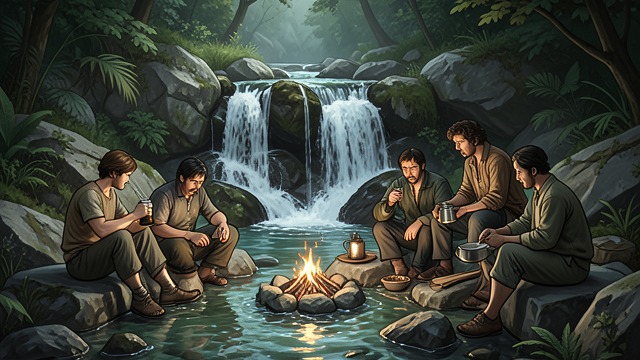 The Spring’s Pause from "The Last of the Mohicans". The Spring’s Pause A place to recover The party drinks from a secluded spring and prepares a simple meal.