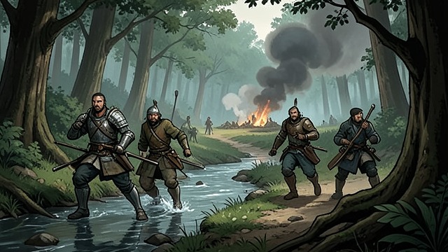 The Coordinated Attack from "The Last of the Mohicans". The Battle Opens A divided advance Hawkeye leads one party along a stream while Uncas attacks from another direction.