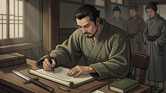 首次书面记述,《五轮书》中的场景。将兵法之道诉诸文字 一项新的事业 宫本武藏称,这是他首次以文字阐述二天一流。这一说法使此书呈现出经过审慎思量后传授的性质。 经验作为根源 他将自己的论述与依赖宗教律法、古典教诲、编年史或战术手册区分开来。其权威根植于他长期的亲身实践。
