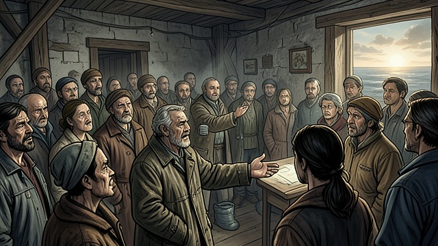 痛苦与团结,《一无所有》中的场景。公开说出的纽带 相互依存的信息 谢维克告诉人群,人与人之间的纽带并非由爱或法律来保障,而是在饥饿、贫困与共同承担风险的过程中学会的。自由意味着给予自身,而非占有自己拥有的东西。 团结变得危险 他的话引起共鸣,因为人群所处的境况也让他们领会了同样的道理。国家的暴力立刻考验着人群能否在遭受攻击时守住这条纽带。