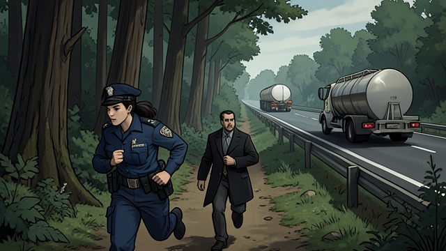 Flight onto the Motorway from "Blow Out". Flight onto the Motorway Pursuit through the woods A drone tracks Darren through the trees while police units contain the perimeter.