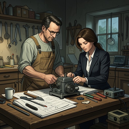 The New Company with the Suttons from "The Door into Summer". Dan's partnership with John and Jenny Sutton grows from a wary friendship into a durable engineering venture built on trust, clear responsibilities, and a…