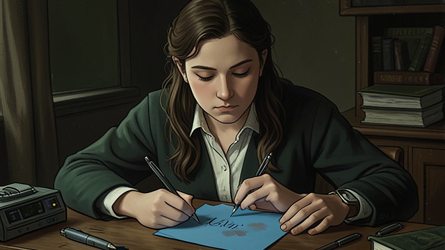 The Blue Paper from "The Cuckoo's Calling". A Change in the Car Writing after the visit After leaving Yvette’s home, Lula asks Kieran for a pen and writes on a piece of blue paper.