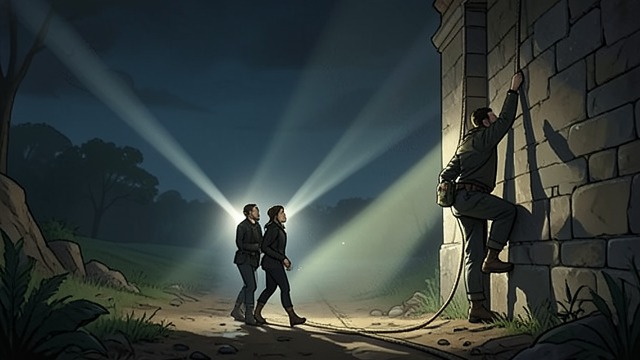 The Crossing Begins from "The Spy Who Came in from the Cold". Climbing the Wall Movement under the lights Leamas and Liz leave the car and cross the exposed strip toward the prepared gap.