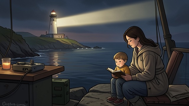A Beacon in the Evening from "To the Lighthouse". The Light Across the Bay Appearance The light becomes visible as Mrs Ramsay finishes reading to James.