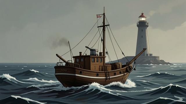 迟来的航程,《到灯塔去》中的场景。迟来的抵达 启程 拉姆齐先生终于与詹姆斯·拉姆齐和卡姆·拉姆齐一同乘船出发。这趟被拖延许久的行程,如今承载着多年的怨恨,也处在已经改变的家庭境况之中。 重新审视 目的地并非詹姆斯·拉姆齐曾经想象的那个迷人而遥远的地方。抵达那里固然完成了旅程,却无法挽回失去的童年时刻。