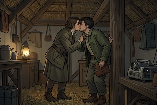 A Kiss on the Hayloft from "Auerhaus". Höppner finds Pauline on the hayloft, frightened by the crush of partygoers.