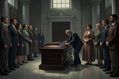The Funeral in the Village from "Auerhaus". The village gathers at the funeral hall on Gründonnerstag. Höppner stands with Vera and Harry; Cäcilia is away in America, and Pauline is absent.