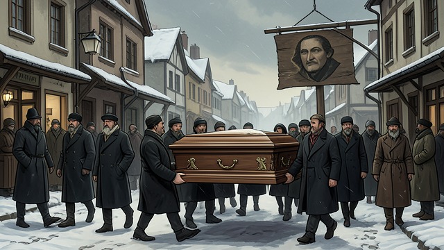 The Funeral Crowd from "Auerhaus". The Funeral Crowd Public Grief Villagers, teachers, and officials gather as Frieder’s coffin emerges from the funeral hall.