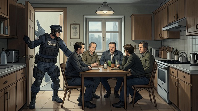 警方突袭及其后续影响,《《奥尔豪斯》》中的场景。警方突袭 突然闯入 警察撞破奥尔豪斯的大门,冲进厨房,住客们正在那里吃饭。他们的战术命令与狭窄的居家空间以及众人茫然却平静的神情格格不入。 暴露 警员搜查房间,寻找哈里和毒品;一条警犬则在屠宰厨房里发现了大麻。这次突袭使这栋房子从一个监管松散的避风所,变成国家视为犯罪现场的地方。