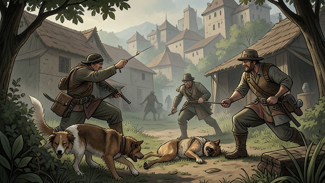 The Dogs Appear from "The Deer King". A Roadside Trap Surrounded without warning A pack of dogs emerges from the underbrush as Makokan and Hohsalle near the clan city.