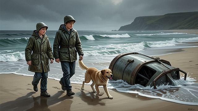 Walking to the Beach from "Blind Willow, Sleeping Woman". A Familiar Shore Transformed A shared excursion The boys leave their homes during the storm’s eye, with K’s dog following.
