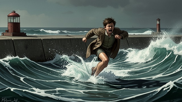 K Is Swept Away from "Blind Willow, Sleeping Woman". The Choice to Flee Flight from the shore The seventh man runs toward the breakwater instead of reaching K.