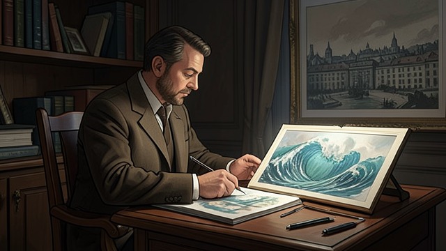 第七个男人细看画作,《盲柳与睡女》中的场景。重新开启的记忆 凝望风景 第七个男人坐在书桌前细看K的水彩画。那些熟悉的海滩与街道,以一种他曾排斥在生活之外的强烈感觉重现眼前。 目光成为共同的 他意识到,K看待世界的方式也曾是自己的。画作动摇了他深信不疑的念头——巨浪的表情就是仇恨。