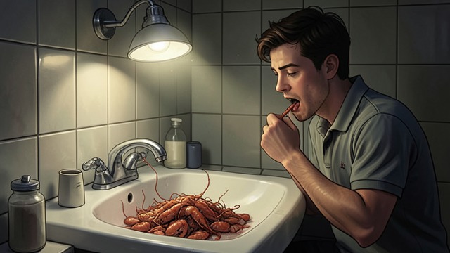 Worms in the Crabmeat from "Blind Willow, Sleeping Woman". An Irreversible Sight The light turns on Under the bathroom light, the young man sees countless tiny worms moving on the crabmeat.