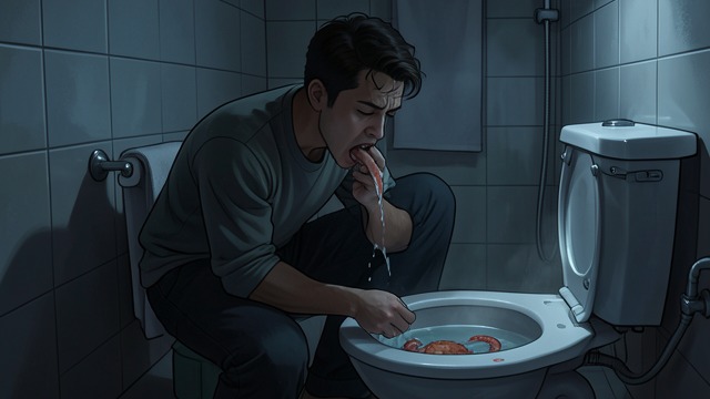 The First Vomiting from "Blind Willow, Sleeping Woman". The Body Rejects the Meal Sudden illness The young man wakes feeling awful and vomits repeatedly into the toilet.