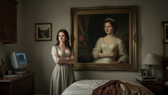 A Portrait in a New Room from "Always and Forever, Lara Jean". A Portrait in a New Room An image relocated Lara Jean Covey moves her parents’ wedding portrait from the living room into her bedroom.