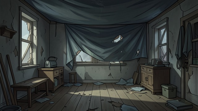 A House Under Canvas from "The Glass Room". Shelter After the Shattering Temporary repairs Laník covers the broken windows with tarpaulins.