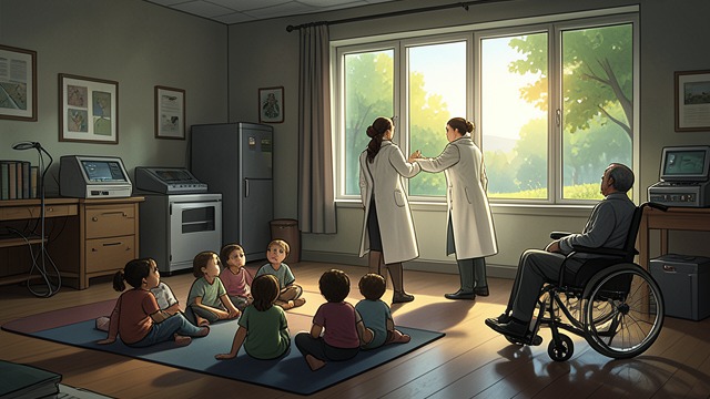 The Physiotherapy Gym from "The Glass Room". Care and Movement Children’s treatment The hospital uses the former living room as a gym for children with polio.