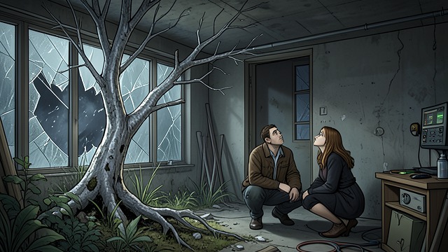 The Bomb in the Garden from "The Glass Room". A Near Miss The explosion A bomb strikes the garden near the house, killing the silver birch and shattering the Glass Room’s plate-glass windows.