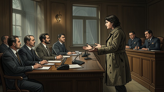 The Refugee as Witness from "The Glass Room". Looking at Displacement An audience gathers Refugees are placed before a committee audience to explain their experiences.