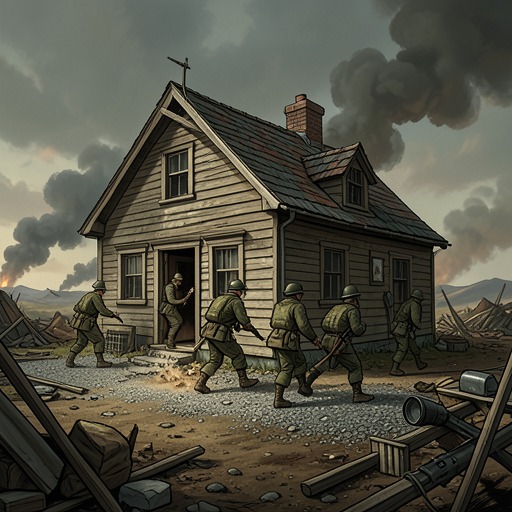 The House as Shelter and Target from "The Glass Room". This flow traces the house’s wartime physical vulnerability and Laník’s struggle to survive within it as armies pass through Město.
