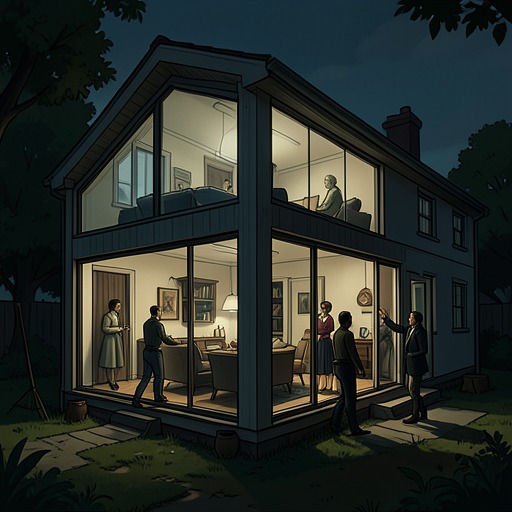The Glass Ideal and Its Contradictions from "The Glass Room". This flow traces how the house’s transparency promises honesty but repeatedly coexists with secrecy, surveillance, and exclusion.