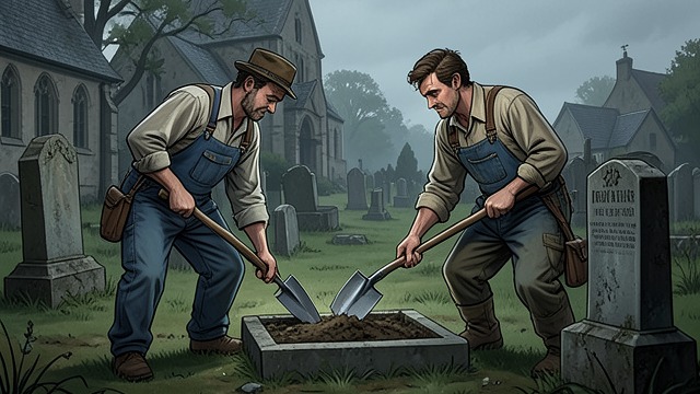 Tools and False Permission from "Possession". Preparations Equipment Cropper and Hildebrand buy spades, forks, and a pickaxe, then inspect the churchyard and identify the grave.
