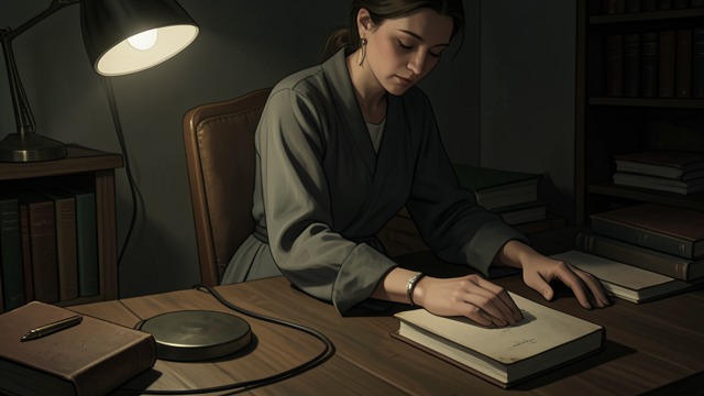 艾伦的隐秘工作,《占有》中的场景。与诗人并肩写作 私人记录 艾伦写日记,而这并非单纯的家庭纪事。比阿特丽斯逐渐看出,艾伦或许借此守护隐私,并阻挠未来的传记作者。 支持的代价 艾伦思索,自己的一生是否成就了阿什的创作,却牺牲了自己的事业。她的日记保留了这个疑问,没有把她写成无私的贤内助,也没有塑造成遭压抑的天才。