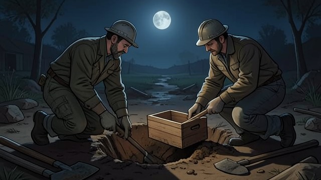 阿什墓穴的秘密,《占有》中的场景。木匣重见天日 挖掘 莫蒂默·克罗珀与希尔德布兰德·阿什挖掘墓穴,坚信藏匿的木匣里保存着关于阿什生平的重要记录。他们的行为逾越了墓葬相关的法律与道德界限。 匣中之物 木匣里装着信件、一只头发手环,以及拉莫特写给阿什的密封信。打开木匣揭开了艾伦所保存的真相,代价却是重演她曾经担忧的那种侵犯。