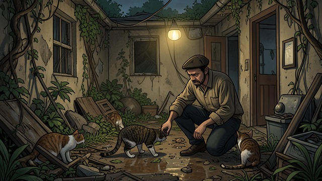 公寓里的猫,《占有》中的场景。即刻照料 变了样的家 罗兰发现公寓无人打理,欧文夫人也已离去。猫群进入了花园和附近一带,邻居提醒他说,还没有人为这些猫作安排。 务实的应对 罗兰喂养这些动物,并开始考虑它们的将来。他的注意力从逝去的手稿转向眼下需要照料的活物。