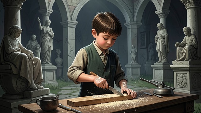 The Young Copyist from "Narcissus and Goldmund". The Young Copyist Attention to Carving Goldmund copies the figures and ornaments around the cloister, drawn to the second, human-made nature of wood and stone.