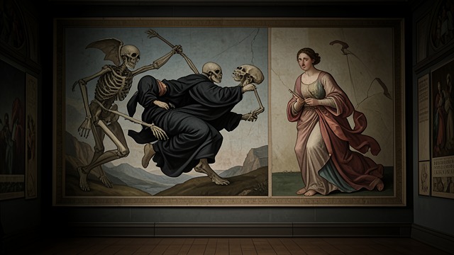 The Death Dance Seen Anew from "Narcissus and Goldmund". The Death Dance Seen Anew A Familiar Lesson Goldmund sees a Death Dance fresco that depicts death as a stern force carrying every social rank away.