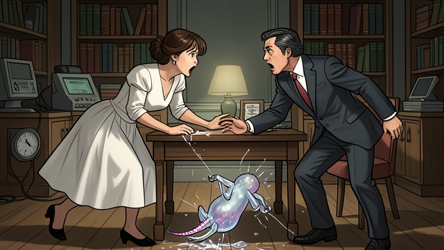 The Storm and the Glass from "The Glass Menagerie". The Storm and the Glass A Sudden Impact Laura and Jim dance to music from the neighboring hall and collide with the table.