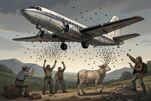 美国东南部螺旋蝇根除行动 from "Silent Spring". The U.S. Southeast screwworm eradication campaign was a large-scale test of whether a pest could be eliminated by releasing artificially reared, sterilized…