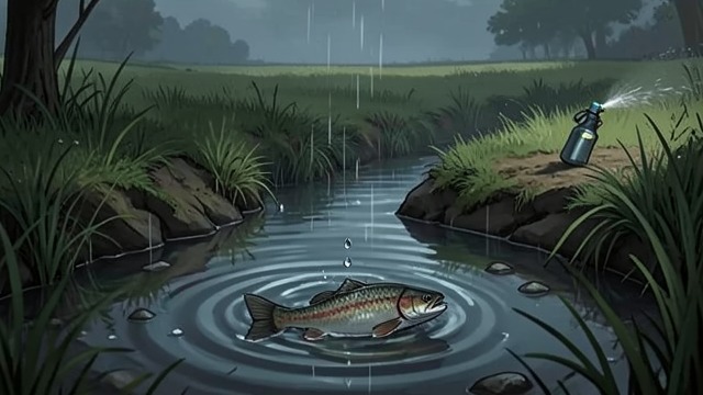毒物的生物影响范围,《寂静的春天》中的场景。从田地到溪流 顺流而下的旅程 雨水将化学物质从受处理的土地带入溪流、河流、水库,最终流入海洋。直接喷洒则构成了农药残留进入水道的另一条途径。 净化的局限 常规处理可能无法识别或去除持久性合成化合物。因此,即使饮用水系统看似运作正常,污染仍可能难以检测。