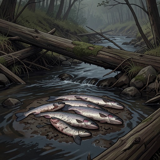 The Salmon of the Miramichi from "Silent Spring". This flow follows the damage to salmon and stream food webs after forest spraying in the Northwest Miramichi basin.