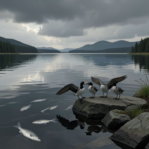 The Clear Lake Food Chain from "Silent Spring". This flow follows DDD from lake water into prey and predators, ending in the collapse of the grebe colony.