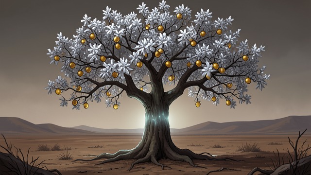 The Tree’s Uncanny Fruit from "Csongor és Tünde". The Tree’s Uncanny Fruit Wonder made visible The tree grows in a barren place and produces silver flowers and golden fruit.