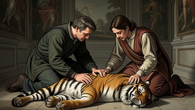 The Tiger Touched from "The Tiger Rising". The Tiger Touched Permission to Approach Sistine tells Rob to touch the tiger, and then kneels beside him.