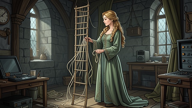 A Plan for Escape from "Rapunzel". A Plan for Escape Beyond the Existing Ladder Rapunzel agrees to leave with the visitor but recognizes that her braids cannot safely carry her down.