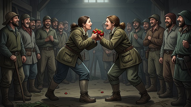 Strawberries as Weapons from "The Darling Buds of May". The Rivalry Turns Physical A Crowd Gathers Pauline Jackson and Mariette Larkin fight in the field, rubbing smashed strawberries over each other’s faces and…