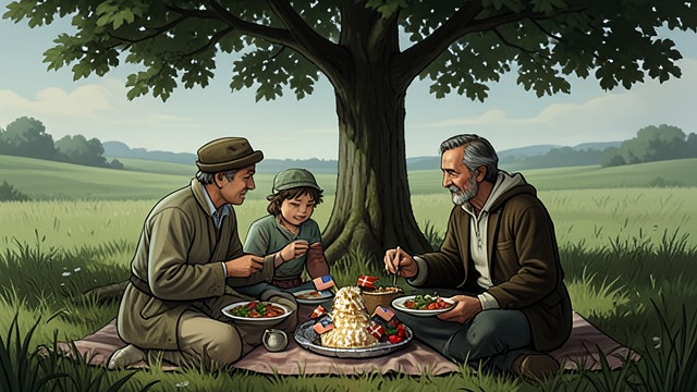 The Meadow at Dinner from "The Darling Buds of May". A Table Outdoors Plenty Beneath the Tree The family and the Brigadier eat goose and many vegetables in the shade.