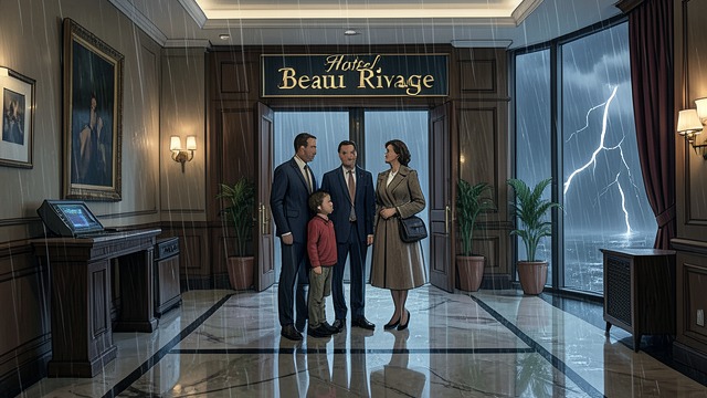 Stormbound Arrival from "The Darling Buds of May". The Beau Rivage in a Gale An Unwelcome Welcome The family reaches the Hôtel Beau Rivage through violent rain and wind.