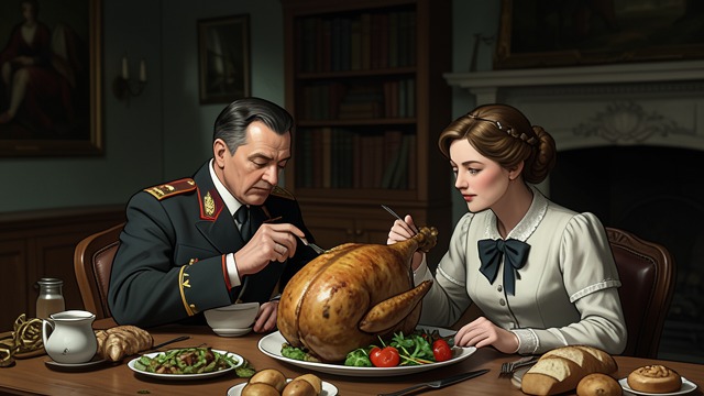 The Brigadier at Dinner from "The Darling Buds of May". An Old Friend Included A Meal without Calculation Pop Larkin and Ma invite the Brigadier to stay for roast goose rather than eat cold food alone.