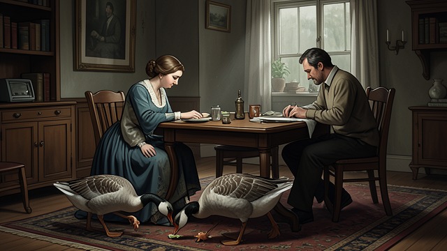 Geese Under the Table from "The Darling Buds of May". Animals Inside the House Domestic Disorder Geese wander beneath the table while Ma feeds them scraps.